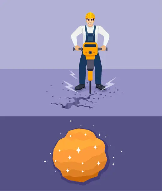 Vector illustration of Worker with Jackhammer. Worker digging to find gold.