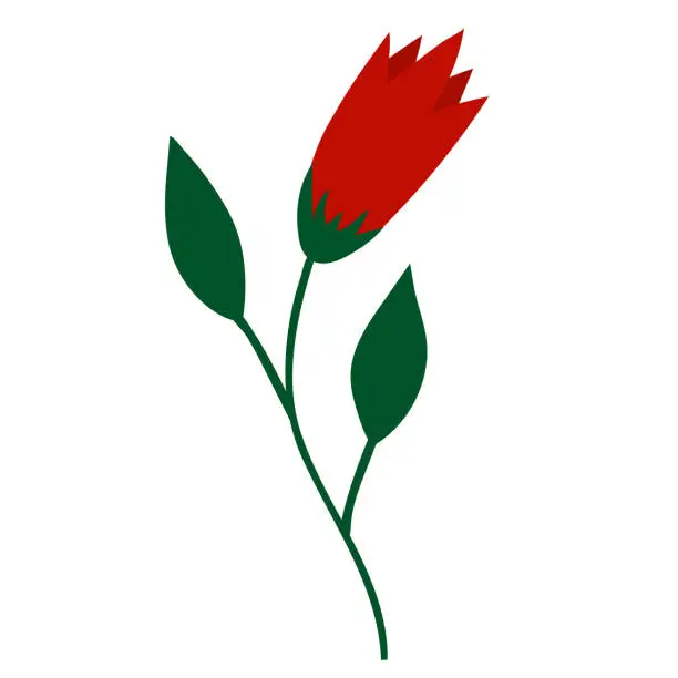 Vector illustration of One red flower with green leaves on a white background.
