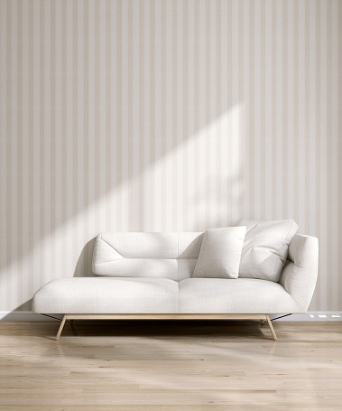 Modern white cushion linen day bed sofa, wooden leg, pillow, pendant light in sunlight, leaf shadow on beige brown vertical stripe wallpaper wall, parquet floor for interior design decoration, living lifestyle, fashion, beauty, cosmetic, skincare, furniture product display background 3D