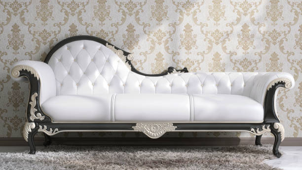 Elegant vintage white leather, black silver wood carved day bed sofa on gray high pile shag rug in sunlight on gold classic victorian pattern wallpaper, marble floor Elegant vintage white leather, black silver wood carved day bed sofa on gray high pile shag rug in sunlight on gold classic victorian pattern wallpaper, marble floor for interior design decoration, living lifestyle, fashion, beauty, cosmetic, skincare, furniture product display background 3D chaise longue stock pictures, royalty-free photos & images