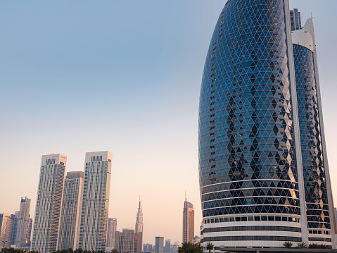 25 March 2023, Dubai, UAE: DAMAC Park Towers, expensive luxury skyscrapers in the area Emirates Towers Metro Station, tourist trip to futuristic dubai