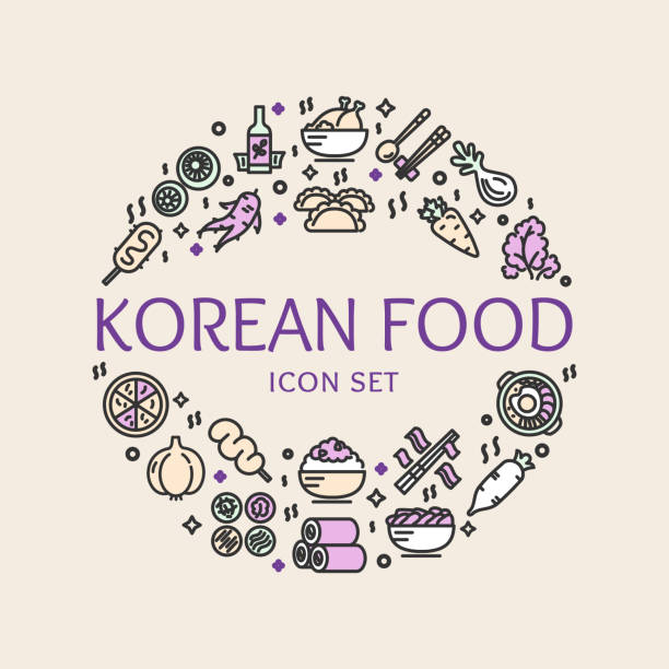 Korean Food Sign Round Design Template Color Thin Line Icon Banner. Vector Korean Food Sign Round Design Template Color Thin Line Icon Banner for Restaurant. Vector illustration of Asian Cuisine korean food stock illustrations