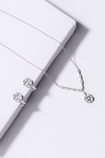 Diamond necklace with diamond earrings closeup stock photo