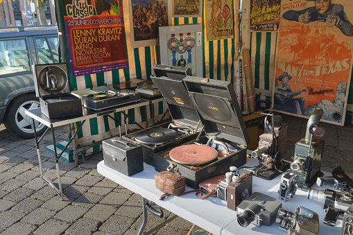Hasselt. Limburg - Belgium. 23-10-2021. Vintage gramophones, playbill players of old times in our time at a fair in the city