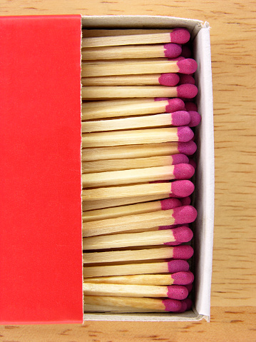 Box of matches with an image of a fireplace fire