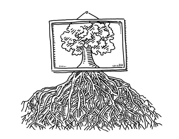 Vector illustration of Tree In Picture Frame And Roots Drawing