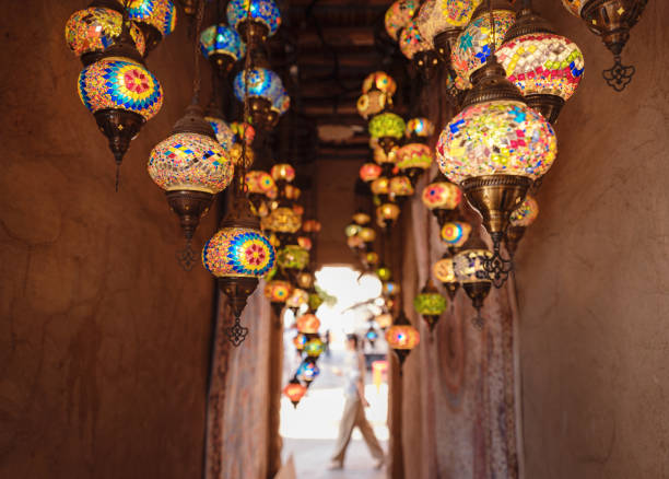 Al seef old historical district with traditional Arabic architecture. Beautiful Traditional Ramadan Light Lamp in shop Dubai Spice Souk.