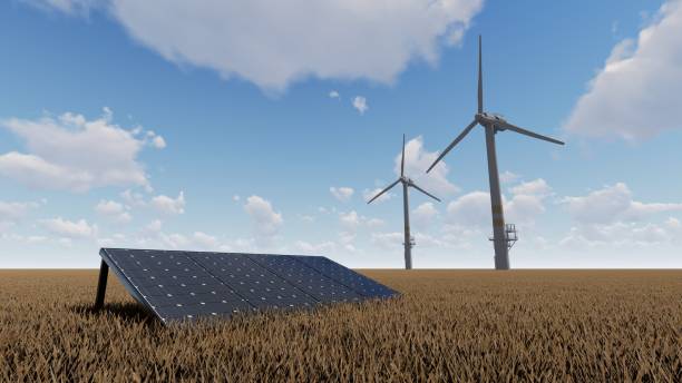 istock Solar panels and turbines in the middle of brown fields 1488803571