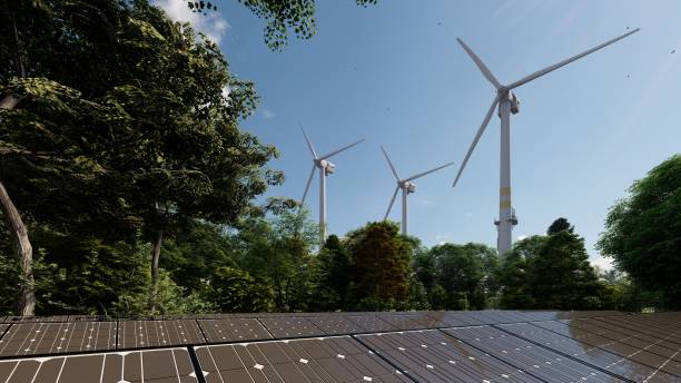 istock Electric turbine and solar panel in the forest, sunny day 1488803982