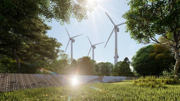 istock Electric turbine and solar panel in the forest, sunny day 1488804026