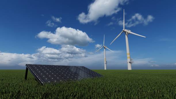 istock Solar panels and turbines generate electricity, bright sky 1488804099