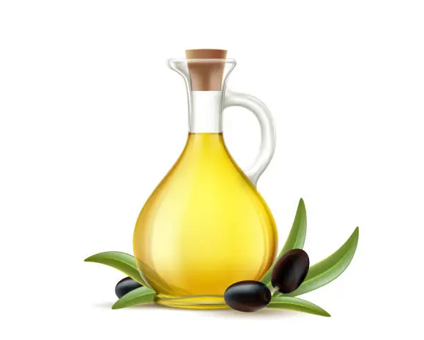 Vector illustration of Glass jug with olive oil next to olives.