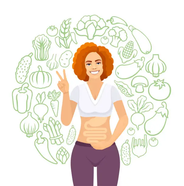Vector illustration of Happy woman with balanced gut flora and making a peace gesture. Fresh organic vegetables background.