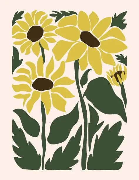 Vector illustration of Abstract floral poster - minimalist sunflowers retro 70 style, vintage botanical background. Vector illustration.