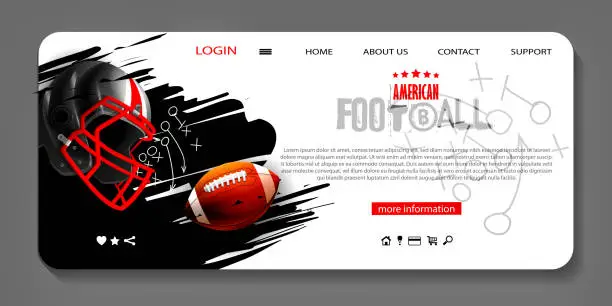 Vector illustration of American football game web page or template in realistic style. Ball and protective sports helmet for rugby on a white background.