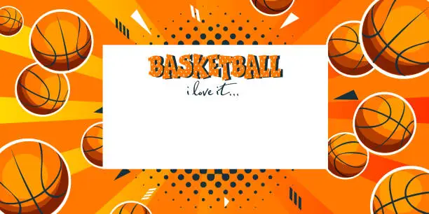 Vector illustration of Postcard template in flat style. Basketballs on abstract colored retro background with place for text.