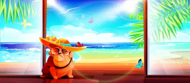 Vector illustration of Tropical vacation concept in cartoon style. Bulldog in a hat with butterflies on the terrace on a sunny summer clear day.