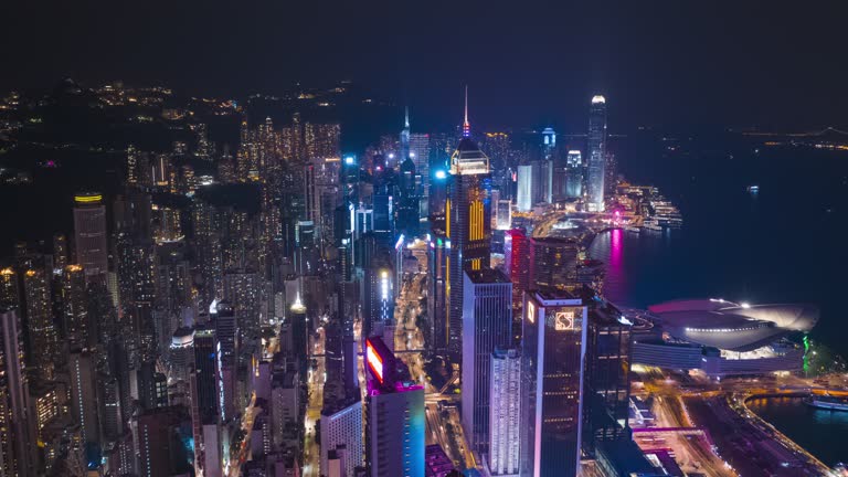 Hyperlapse aerial Hong Kong cityscape in night