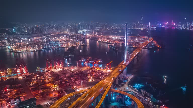 Hyperlapse of Stonecutters bridge in twilight, Hong Kong