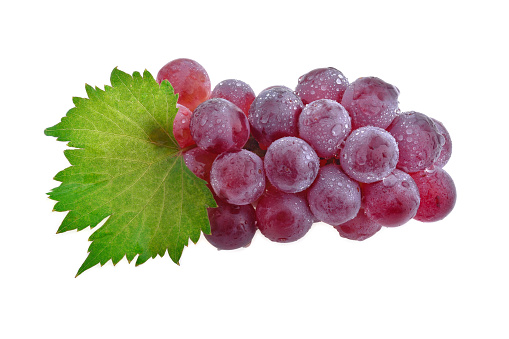 Bunch of red grapes with water drops with leaves, isolated on white background