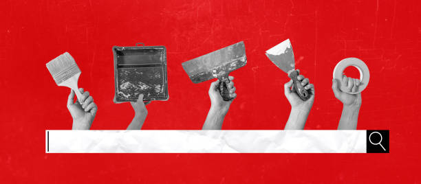 istock Art collage of hands with tools on a surreal background, Internet search icons 1488811097