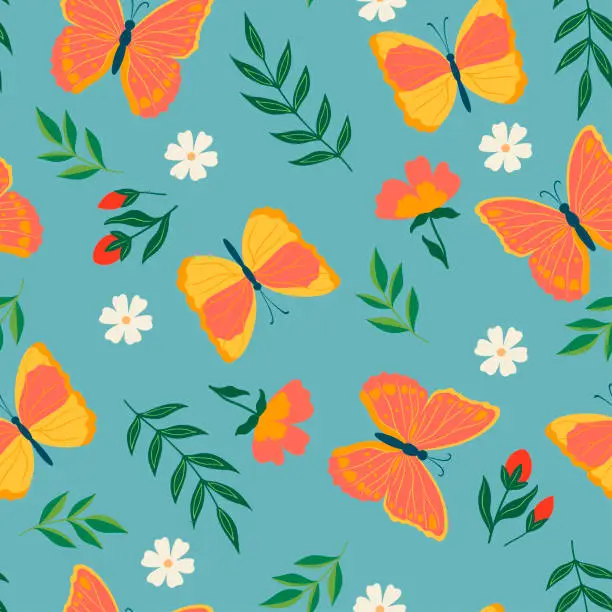 Vector illustration of Pattern with orange butterflies and flowers. Vector graphics.