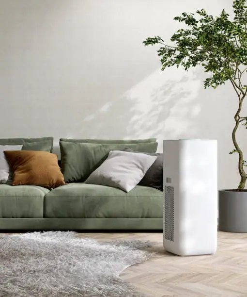 White modern design air purifier, dehumidifier in living room, sage green suede leather sofa, cushion, tropical tree on wood parquet floor in sunlight for living quality, fresh air, health lifestyle protection technology background 3D