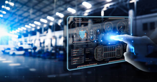 istock Futuristic virtual graphic touch user interface on screen with auto repair garage blurred on background. 1488813374