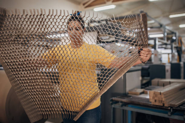 Female worker working in cardboard factory.
