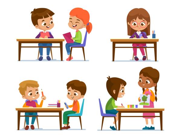 A set of schoolchildren sitting behind desks and studying or playing on white A set of schoolchildren sitting behind desks and studying, playing and talking. Group of kids in school with books, pencils and crayons. Cartoon style vector illustration isolated on white background. clip art of very young school girls stock illustrations