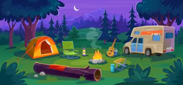 Vector illustration of A forest camp at night with a mountain view. Summer vacation with an RV