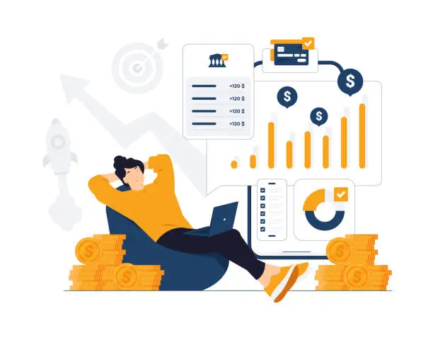 Vector illustration of Passive income investment, Remote job, freelance work, woman relaxing in front of computer while money raining down. Financial freedom, easy money and investor concept illustration
