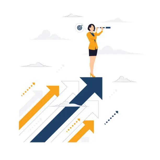 Vector illustration of Business vision and target, Upwards, Businesswoman holding telescope standing on a flying arrows, Searching for opportunities concept illustration