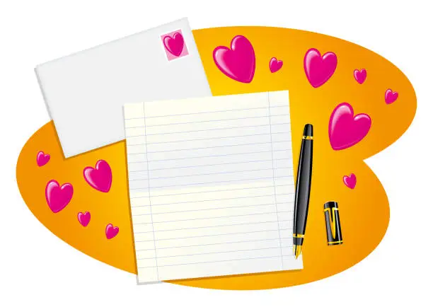 Vector illustration of Envelope stamp letter with fountain pen and pink hearts