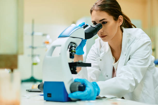 istock Female biochemist analyzing medical sample through a microscope in a lab. 1488815714