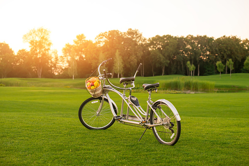 Bicycle on grass. Bike with fruit basket. Go on picnic this weekend. Healthy food and fresh air.