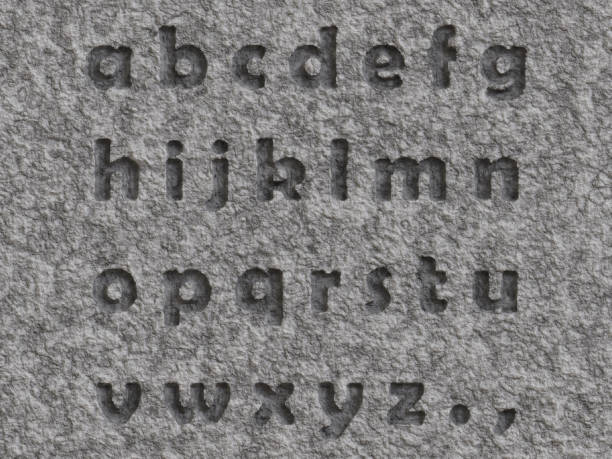 carved stone full alphabet, letters in stone,  characters, question mark 3D render