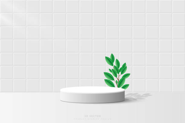 istock White gray 3d cylinder podium or stage for show product with leaf branch in white ceramic tile wall background. Minimal scene for show product. 3d vector geometric form design. 1488817377