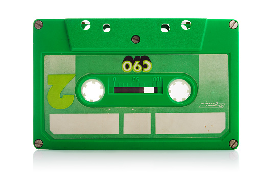 Old retro c90 cassette tape. Vintage 80's music tape isolated on white background