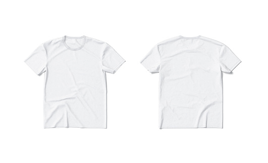 Blank white t-shirt mockup flat lay, front and back, isolated, 3d rendering. Empty crumpled fabric tee-shirt for shop print mock up, top view. Clear unisex undershirt with round neckline template.
