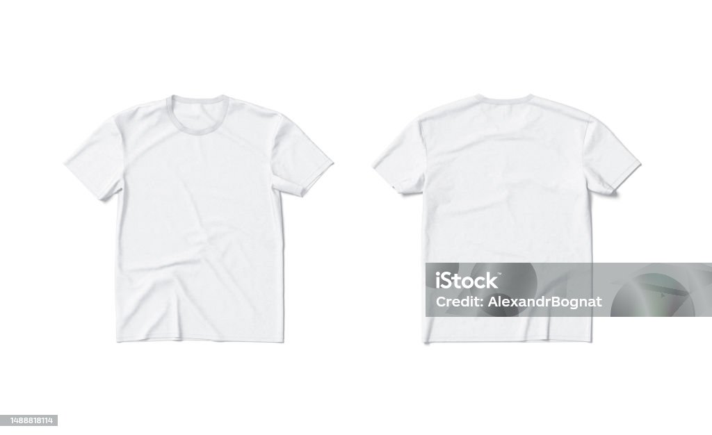 Blank white t-shirt mockup flat lay, front and back, isolated Blank white t-shirt mockup flat lay, front and back, isolated, 3d rendering. Empty crumpled fabric tee-shirt for shop print mock up, top view. Clear unisex undershirt with round neckline template. T-Shirt Stock Photo