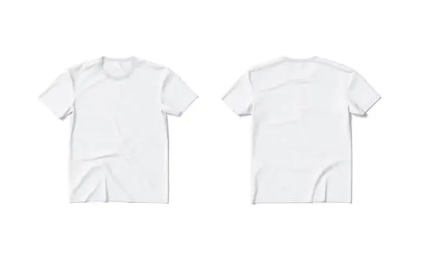 Blank white t-shirt mockup flat lay, front and back, isolated, 3d rendering. Empty crumpled fabric tee-shirt for shop print mock up, top view. Clear unisex undershirt with round neckline template.