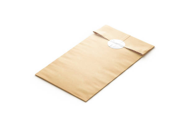 istock Blank craft rectangle paper bag with sticker mockup, side view 1488821346