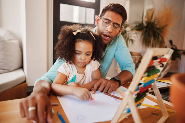 istock Homework, father or daughter learning drawing skills, bonding or homeschooling in interracial family. Proud Indian dad, teaching art or creative kid writing on paper in child development education 1488821422