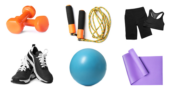 Set with different fitness equipment on white background. Banner design