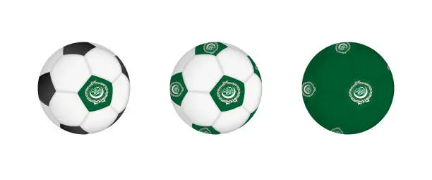 Vector illustration of Collection football ball with the Arab League flag. Soccer equipment mockup with flag in three distinct configurations.