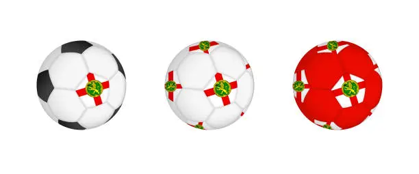 Vector illustration of Collection football ball with the Alderney flag. Soccer equipment mockup with flag in three distinct configurations.