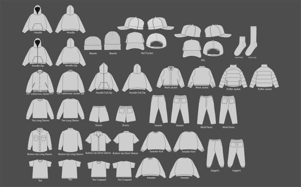 Streetwear Vector Mockup Pack Vector Apparel Mockup Collection Fashion Illustrator Vector Tech Pack. Men's t-shirt trucker hoodie joggers jacket short sweater pant design template Streetwear Vector Mockup Pack Vector Apparel Mockup Collection Fashion Illustrator Vector Tech Pack. Vector apparel Mockup set collection. Men's t-shirt trucker hoodie joggers jacket short sweater pant design template. Sock shorts hat tee work jacket pant vector illustration set. CAD mockup Set. tee shirt template vector stock illustrations