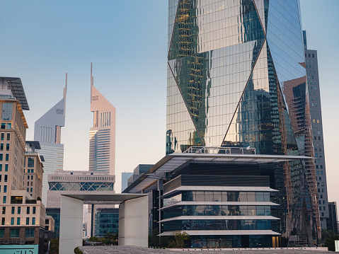 25 March 2023, Dubai, UAE: Emirates Financial Towers - Trade Center - Trade Center DIFC , tourist trip to futuristic dubai