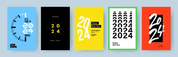 Vector illustration of Creative concept of 2024 Happy New Year posters set. Design templates with typography logo 2024 for celebration and season decoration. Minimalistic trendy backgrounds for branding, banner, cover, card